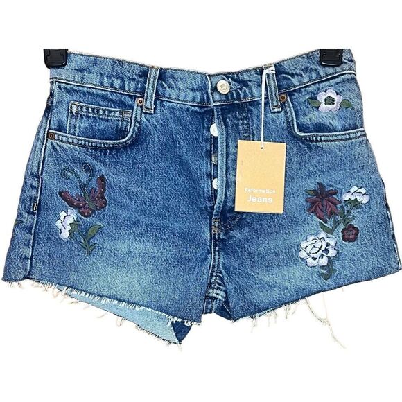 Reformation Charlie High Rise Jean Short Fauna Embroidery NWT Size 30 - Picture 3 of 6